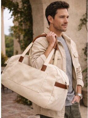 NEW AWAY The Latitude Travel Bag Weekender Carry On Canvas Leather Beige Cream